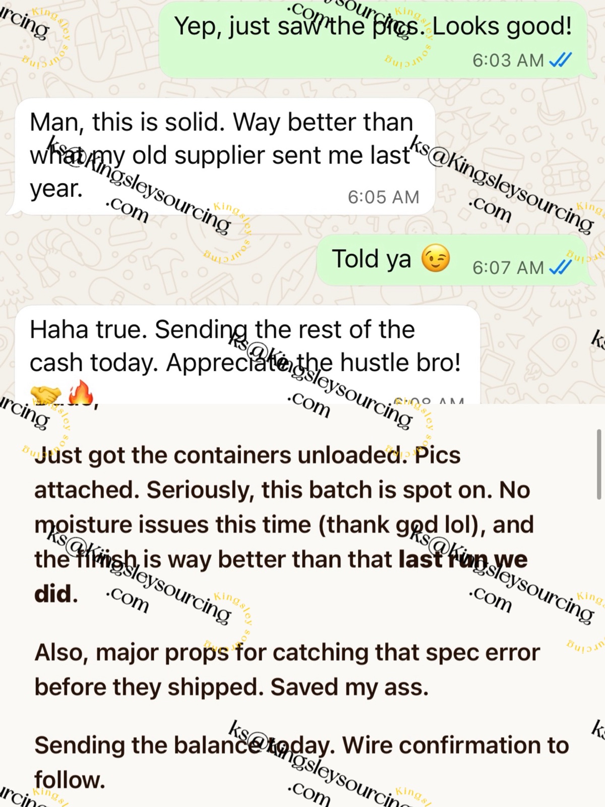 Watermarked client messages praising product quality and a specification issue caught before shipment