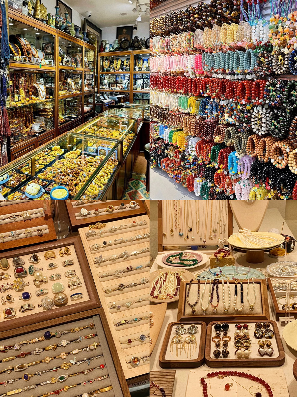 Market displays of gemstone bracelets, beads, pearls, and jewelry