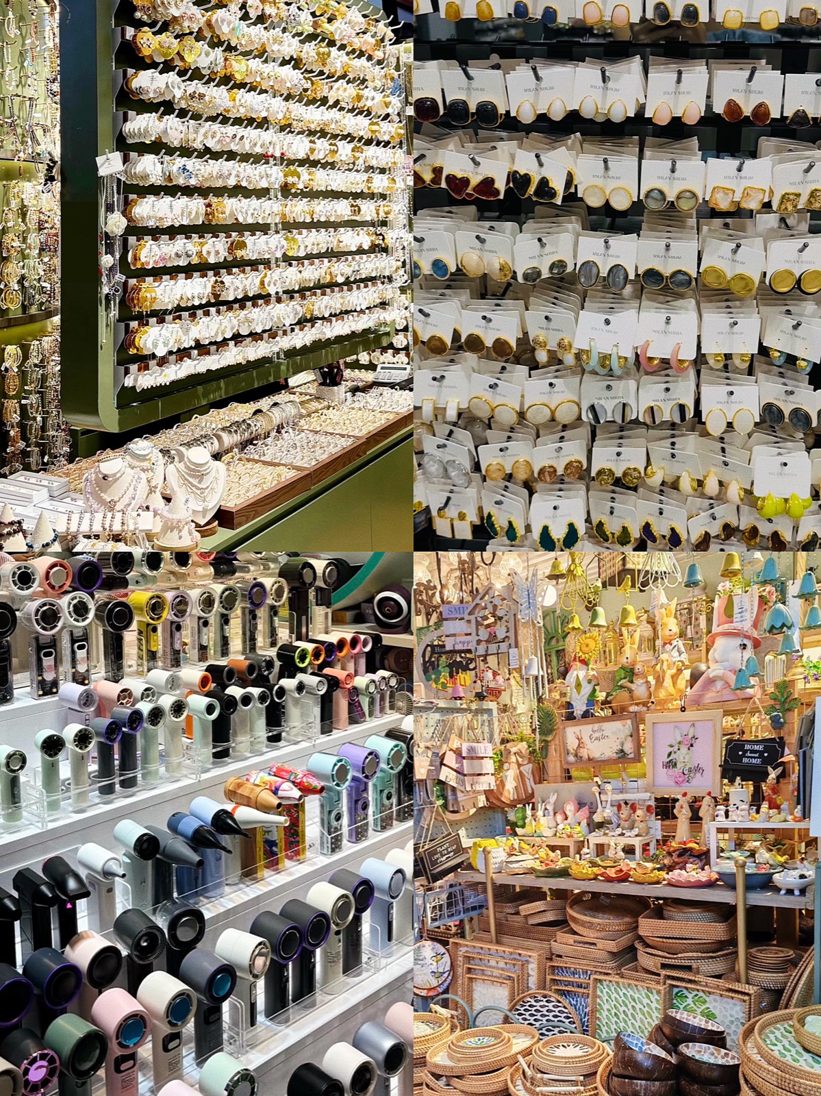 Market displays of earrings, handheld fans, jewelry, and home and gift items